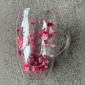 NWOT Double Walled Glass Mug with Dried Flowers